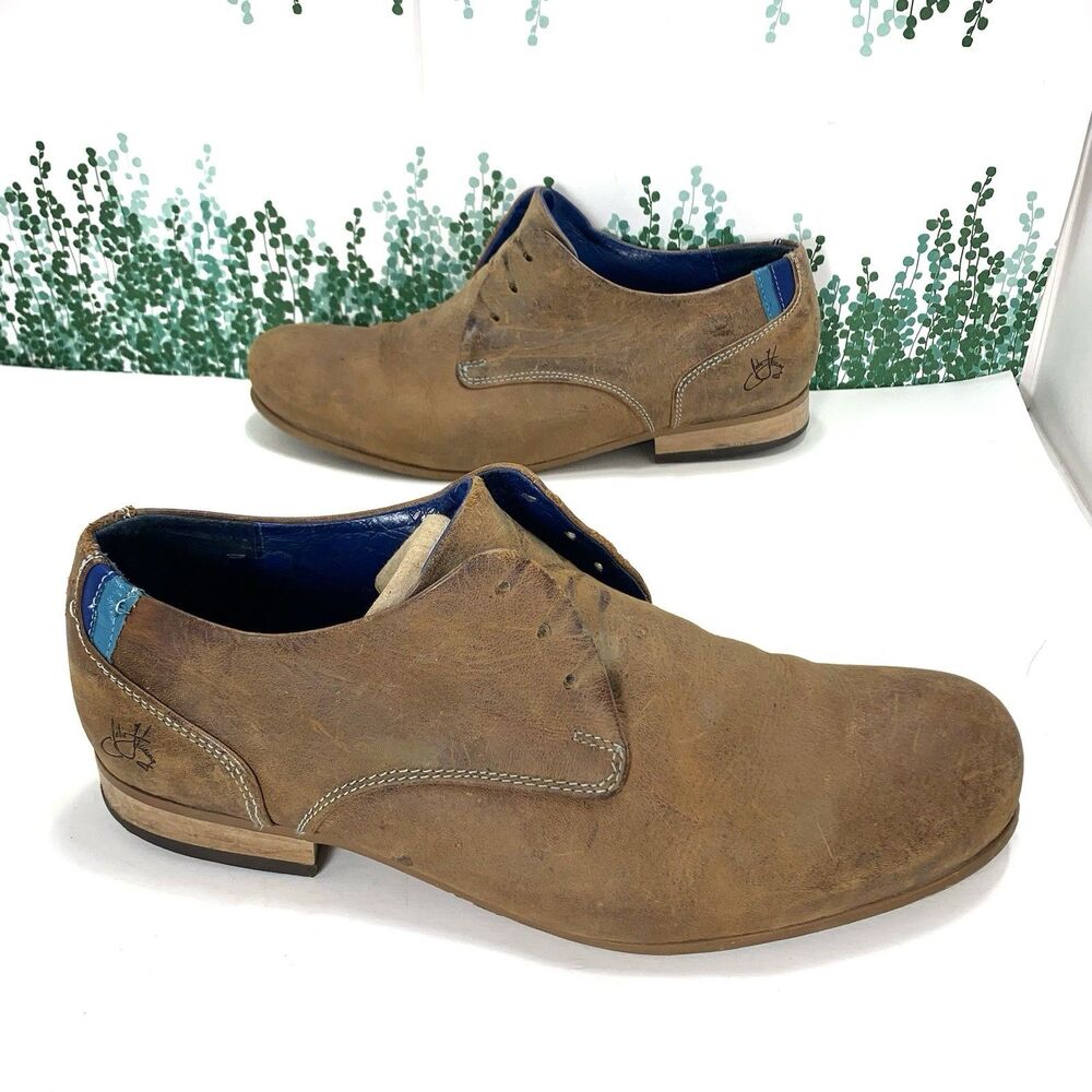 John Fluevog Leather Distressed Brown Blue Oxfords Mens Size 8M